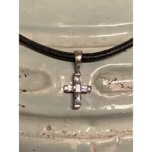 Black Leather Cord w/ Sterling Silver Crystal Cross Dainty